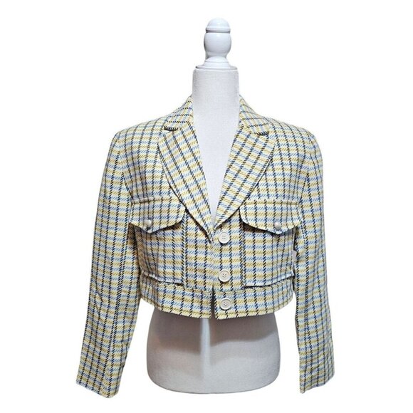 NWT ASOS yellow & blue short plaid cropped blazer with pearl accents size 8 - Picture 4 of 10